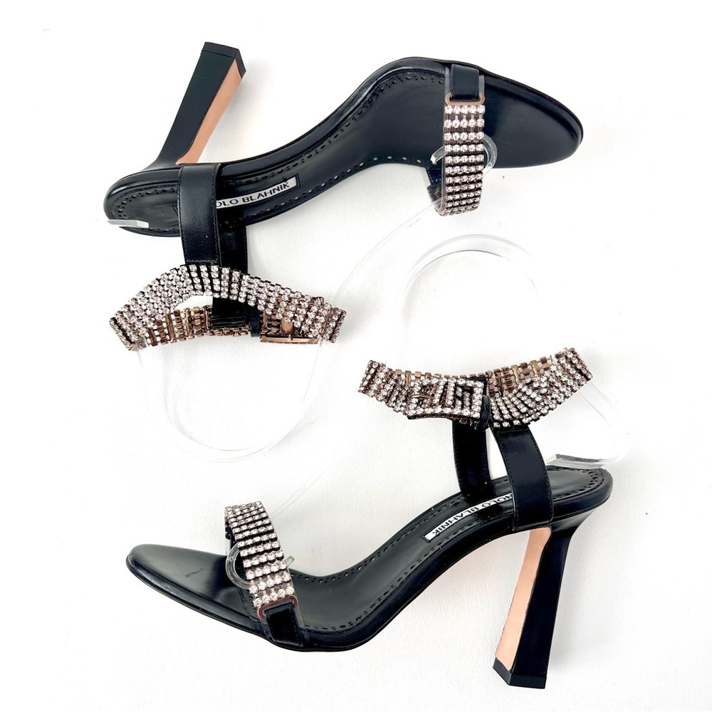 MANOLO BLAHNIK | Bashifa Black Leather‎ Jewel Ankle Bracelet Strap Sandal US 6 - Picture 5 of 14